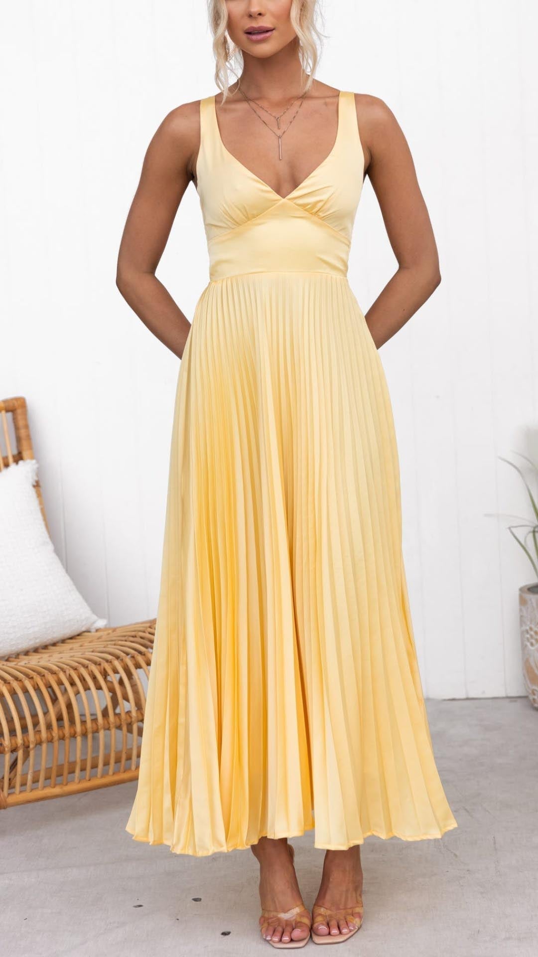 Karis | Pleated V-Neck Maxi Dress