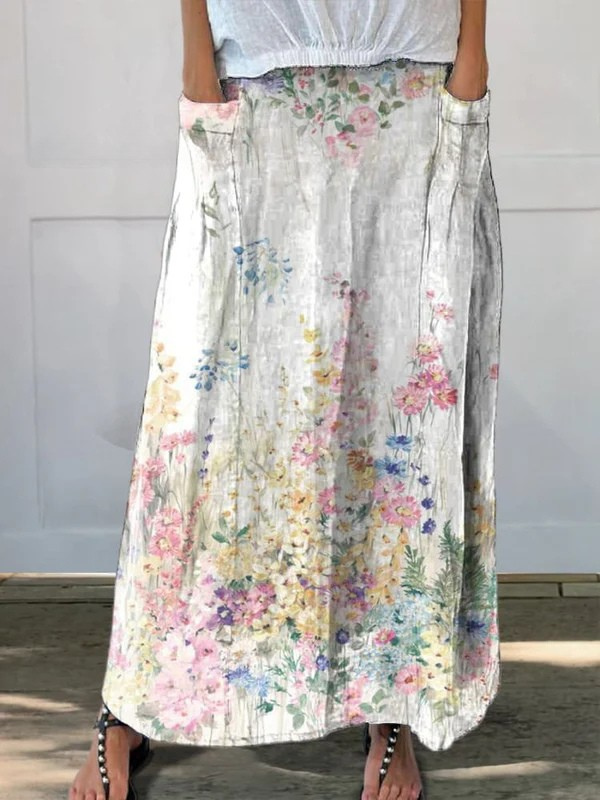 Noa | Vintage Botanical Floral Linen Elastic Waistband Pocket Skirt