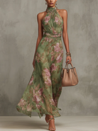 Alyna | Green Floral Chiffon Halter Maxi Dress