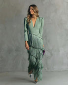 Adley | Elegant Midi Dress with Fringe Sleeves