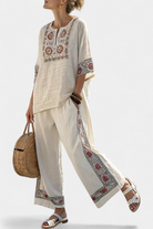 Emiliana | Sophisticated Embroidered Raw Blouse & Wide Pants